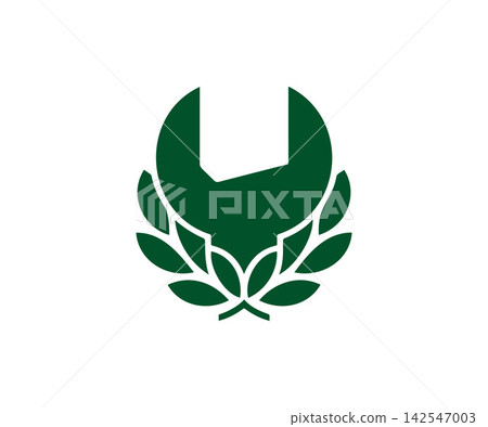 Green wrench inside laurel wreath logo emblem Green wrench inside laurel wreath logo emblem 142547003