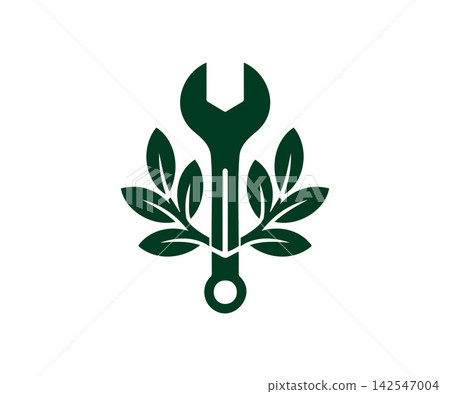 Green wrench logo icon with organic leaves Green wrench logo icon with organic leaves 142547004