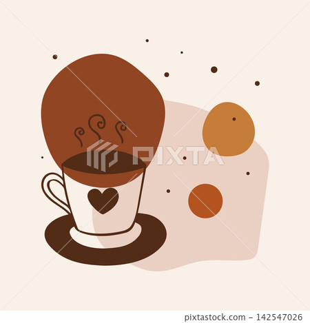 Cute coffee cup with heart symbol and abstract steam spirals on brown pastel background for cozy cafe menu design, morning breakfast branding, greeting cards and kitchen wall art prints. Cute coffee cup with heart symbol and abstract steam spirals on brown pastel background for cozy cafe menu design, morning breakfast branding, greeting cards and kitchen wall art prints. 142547026