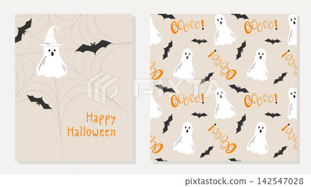 Halloween celebration set with greeting card and seamless pattern featuring friendly ghosts in witch hats, black bats and orange typography on neutral beige background for modern holiday party station Halloween celebration set with greeting card and seamless pattern featuring friendly ghosts in witch hats, black bats and orange typography on neutral beige background for modern holiday party station 142547028