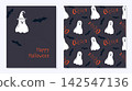 Cute halloween greeting card and seamless pattern bundle with funny white ghosts, black bats and orange boo typography on a dark charcoal background, perfect for kids holiday apparel, festive wrapping 142547136