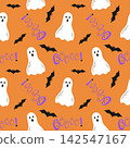 Playful halloween seamless pattern with cute white ghosts, black bats and purple boo lettering on a vibrant orange backdrop, ideal for children party textiles, spooky wrapping paper and festive mercha 142547167