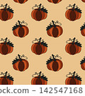 Cozy scandinavian autumn aesthetic seamless pattern with stylized flat vector pumpkins on a warm beige background, perfect for thanksgiving greeting card design, natural textile prints and organic foo 142547168