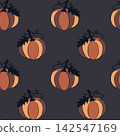 Moody thanksgiving botanical seamless pattern with minimalist stylized pumpkin silhouettes over charcoal background, excellent for high-end organic product packaging and cozy autumn interior fabrics. 142547169