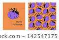 Halloween greeting card and seamless pattern set featuring a purple hand drawn pumpkin on an orange background with cobweb, ideal for festive wrapping paper, party invitations and autumn textile desig 142547175