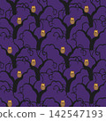 Halloween seamless pattern with cute cartoon owls sitting on spooky tree branches at night with dark purple and black background perfect for festive wrapping paper, textiles, party invitations, and ho 142547193