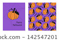 Halloween pumpkin card and seamless pattern vector set with hand drawn spooky spiderweb flat holiday illustration in purple orange black color palette for festive party wrapping paper autumn celebrati 142547201