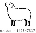 Illustrations of fluffy sheep standing and eating grass. 142547317