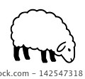Illustrations of fluffy sheep standing and eating grass. 142547318