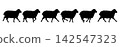 A series of silhouettes showing the movement of walking sheep. 142547323