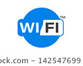 A vector icon of the Wi-Fi logo featuring white and gray text over a blue circular symbol isolated on a white background 142547699