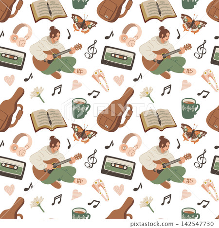 Seamless pattern woman playing guitar cozy music 142547730