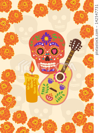 Sugar skull guitar candle marigolds Day Dead Sugar skull guitar candle marigolds Day Dead 142547731