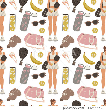 Seamless pattern padel player woman sport equipment Seamless pattern padel player woman sport equipment 142547733