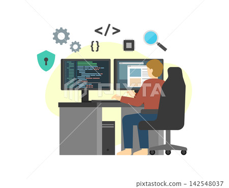 Flat illustration: A man coding on a desktop computer (icon) Flat illustration: A man coding on a desktop computer (icon) 142548037