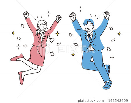 An illustration of someone raising their fist (for passing an exam, getting a job offer, job hunting, graduation, promotion, congratulations, celebration) 142548409