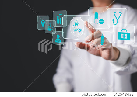 Doctor touching virtual medical interface with virus protection shield. Healthcare technology concept for digital hospital service, scientific research and online medical consultation. Doctor touching virtual medical interface with virus protection shield. Healthcare technology concept for digital hospital service, scientific research and online medical consultation. 142548452
