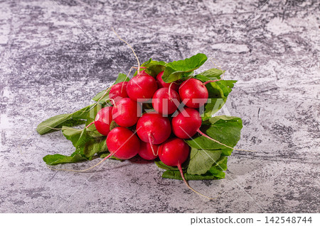 Fresh red radishes with green leaves on textured gray surface Fresh red radishes with green leaves on textured gray surface 142548744