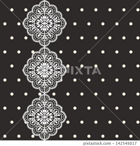 Seamless white lace mandala and cream polka dot pattern on brown background Seamless white lace mandala and cream polka dot pattern on brown background 142548817