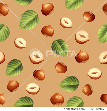 Hand-drawn seamless pattern with hazelnuts and green leaves on a beige background. Botanical illustration for autumn packaging, textile, or food wrapping design. Hand-drawn seamless pattern with hazelnuts and green leaves on a beige background. Botanical illustration for autumn packaging, textile, or food wrapping design. 142548967