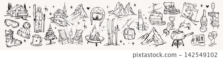 Mountain ski doodle set, hand drawn Alps vacation whimsical illustration, sport equipment, pine tree 142549102