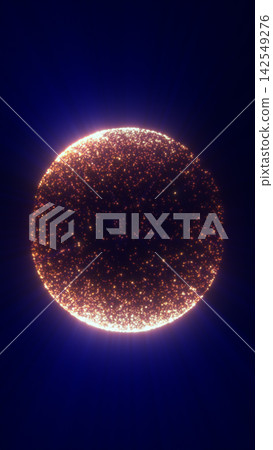 Glowing orange particle sphere resembling a cosmic eclipse, with radiant halo and star-like dots on a dark blue background. Glowing orange particle sphere resembling a cosmic eclipse, with radiant halo and star-like dots on a dark blue background. 142549276