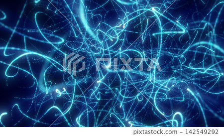 Glowing blue abstract light trails and dotted lines form a dense futuristic network pattern on a dark background Glowing blue abstract light trails and dotted lines form a dense futuristic network pattern on a dark background 142549292