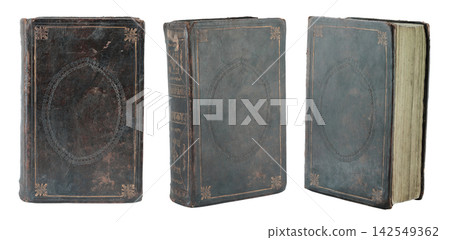 Set of ancient books standing upright and shown from different sides, isolated on transparent background. Vintage historical book collection for literature, education and publishing concepts Set of ancient books standing upright and shown from different sides, isolated on transparent background. Vintage historical book collection for literature, education and publishing concepts 142549362