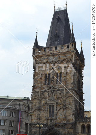 Full height powder tower in prague gothic landmark for heritage travel banner and architectural background design 142549709