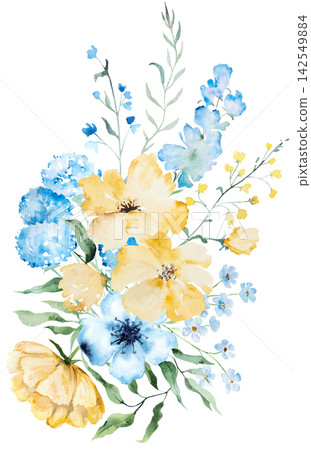 Bouquet with light blue and yellow watercolor wildflowers and leaves, floral wedding illustration Bouquet with light blue and yellow watercolor wildflowers and leaves, floral wedding illustration 142549884