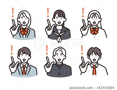 Simple illustration: A set of male and female students in uniforms, smiling and pointing. Vector illustration. Simple illustration: A set of male and female students in uniforms, smiling and pointing. Vector illustration. 142550004