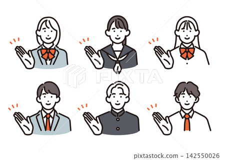 簡單插圖:6名面帶微笑的男女學生正在指路(向量圖) 簡單插圖:6名面帶微笑的男女學生正在指路(向量圖) 142550026