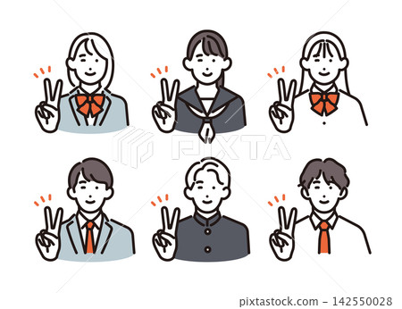 Simple illustration: A set of 6 male and female students smiling and making peace signs (vector illustration). Simple illustration: A set of 6 male and female students smiling and making peace signs (vector illustration). 142550028