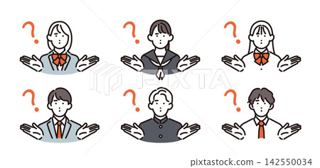 簡筆畫:六名一臉困惑的男女學生,他們不明白這句話的意思。向量圖。 簡筆畫:六名一臉困惑的男女學生,他們不明白這句話的意思。向量圖。 142550034