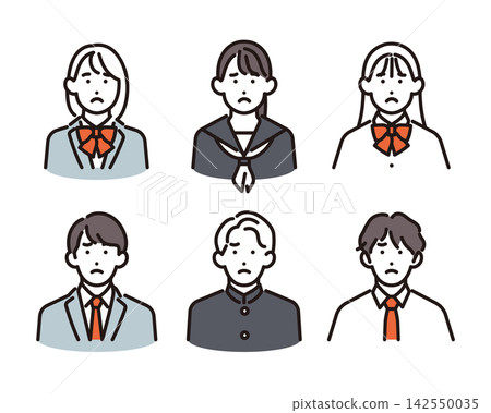 Simple illustration: A set of 6 male and female students with dissatisfied expressions (vector illustration) Simple illustration: A set of 6 male and female students with dissatisfied expressions (vector illustration) 142550035