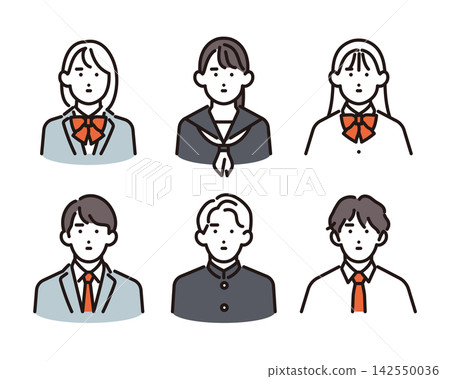 Simple illustration: A set of 6 male and female students with slightly angry expressions (vector illustration) Simple illustration: A set of 6 male and female students with slightly angry expressions (vector illustration) 142550036