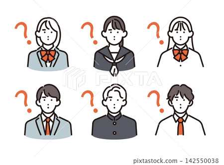 簡筆畫:6名男女學生一臉困惑地發出「嗯?」的疑問。 (向量圖) 簡筆畫:6名男女學生一臉困惑地發出「嗯?」的疑問。 (向量圖) 142550038