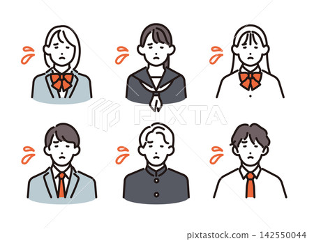 Simple illustration: A set of 6 male and female students who are sad and disappointed. Vector illustration. Simple illustration: A set of 6 male and female students who are sad and disappointed. Vector illustration. 142550044