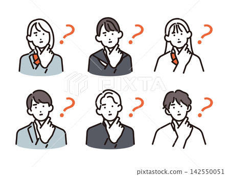 簡筆畫：六名男女學生正在努力回憶某件事。向量圖。 142550051