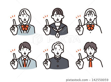 簡單插圖:一組 6 位男女學生指著錯誤或重點(向量圖)。 簡單插圖:一組 6 位男女學生指著錯誤或重點(向量圖)。 142550059