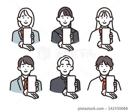 簡圖:六名男女學生展示他們的智慧型手機螢幕。向量圖。 簡圖:六名男女學生展示他們的智慧型手機螢幕。向量圖。 142550066