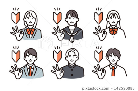 一組簡單的插圖向量圖，描繪了 6 名男女學生製作一個寫著「歡迎初學者」的標誌。 142550093