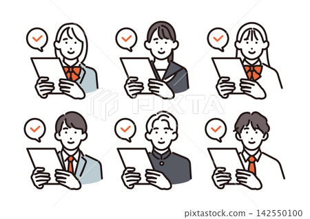 A simple vector illustration set of six male and female students reviewing documents and passing exams and assessments. A simple vector illustration set of six male and female students reviewing documents and passing exams and assessments. 142550100