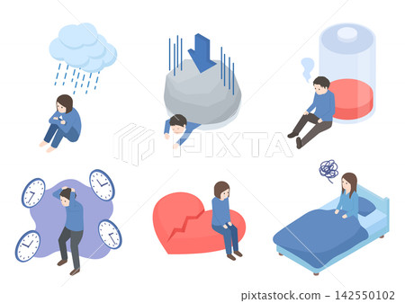 A set of illustrations depicting people with mental health issues and emotional distress. A set of illustrations depicting people with mental health issues and emotional distress. 142550102