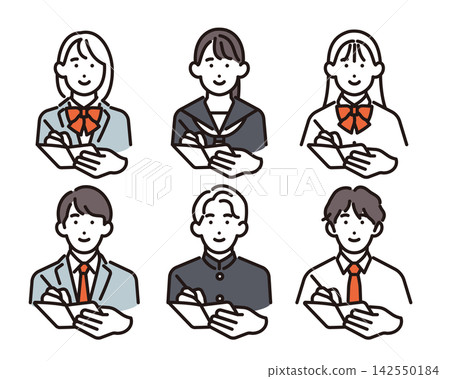Simple illustrations: A set of vector illustrations of six male and female students taking notes. Simple illustrations: A set of vector illustrations of six male and female students taking notes. 142550184