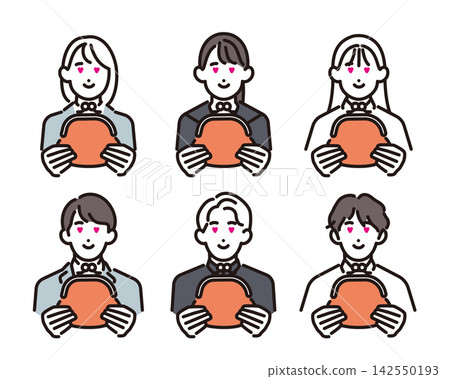 Simple illustration vector set of 6 male and female students holding coin purses and looking happy with their money. Simple illustration vector set of 6 male and female students holding coin purses and looking happy with their money. 142550193