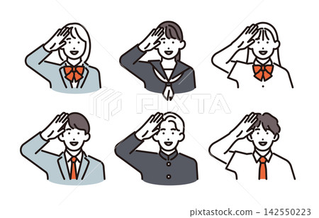 簡單插圖：一組向量圖，描繪了 6 位男女學生敬禮的場景。 142550223
