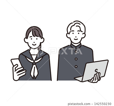 簡單的向量插圖,描繪了一名男學生和一名女學生分別拿著智慧型手機和筆記型電腦。 簡單的向量插圖,描繪了一名男學生和一名女學生分別拿著智慧型手機和筆記型電腦。 142550230