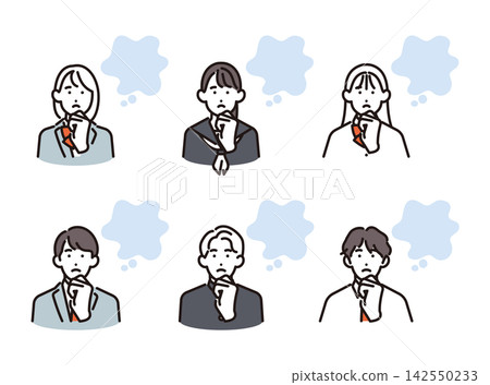 簡單的插圖:一組向量插圖,描繪了六名男女學生陷入沉思,每個人都在努力解決自己的問題。 簡單的插圖:一組向量插圖,描繪了六名男女學生陷入沉思,每個人都在努力解決自己的問題。 142550233