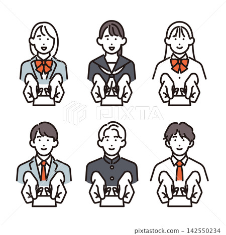 簡單插圖:一組向量插圖,描繪了 6 位男女學生分發名片或自我介紹卡。 簡單插圖:一組向量插圖,描繪了 6 位男女學生分發名片或自我介紹卡。 142550234